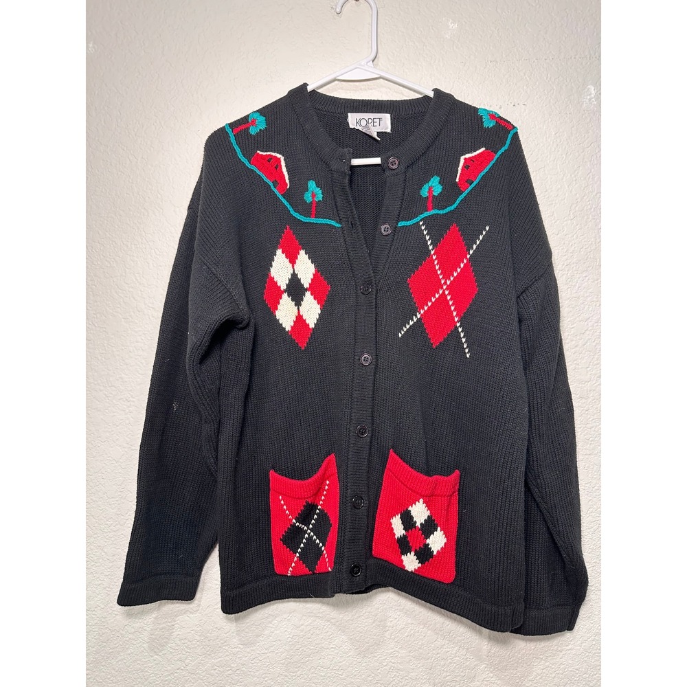 Koret Vintage‎ Novelty Cardigan Sweater Black Cotton Argyle House Tree Womens M